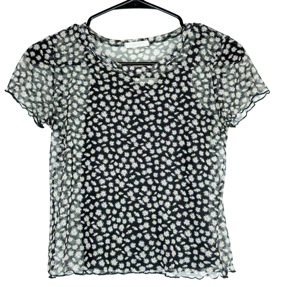 Full Tilt Girls Black Daisy Floral Mesh Short Sleeve Top with Camisole XL 14/16
